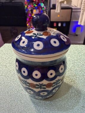 Blue Patterned Ceramic Lidded Jar - Handpainted Accent